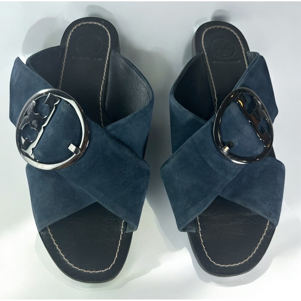 Tory Burch Grant Suede Sandal Open Toe Criss Cross Slides Midnight Blue 7.5 M - Picture 2 of 16